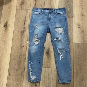 Distressed light wash denim